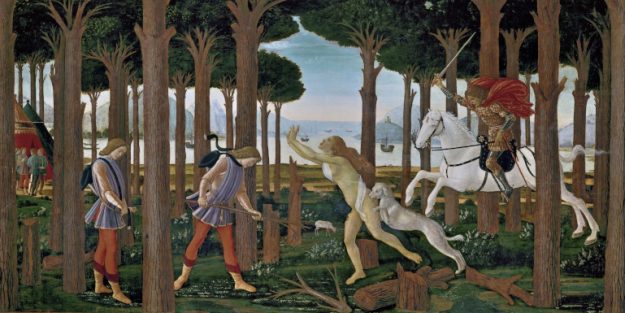 Dipinto con donna morsa da cane e inseguita da cavaliere