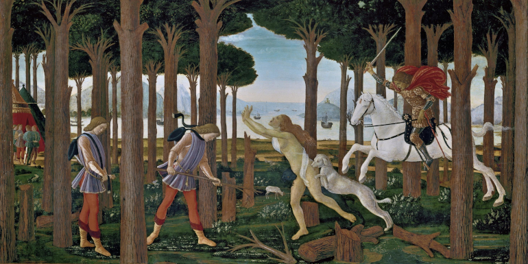 Novella di Nastagio degli Onesti Dipinto con donna morsa da cane e inseguita da cavaliere